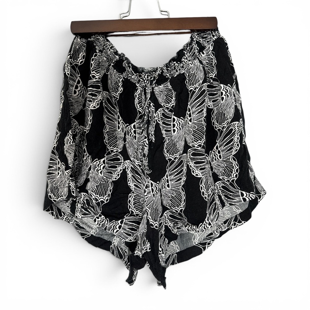 DR2 Daniel Rainn Womens Black White Butterfly Print Smocked Rayon Shorts Medium